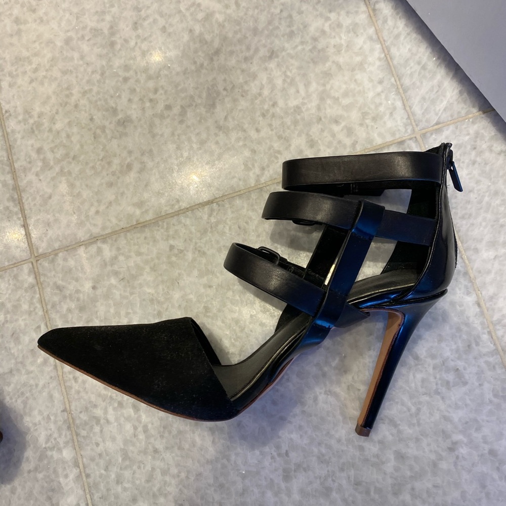 Elie Tahari strappy pump in fabric and leather
